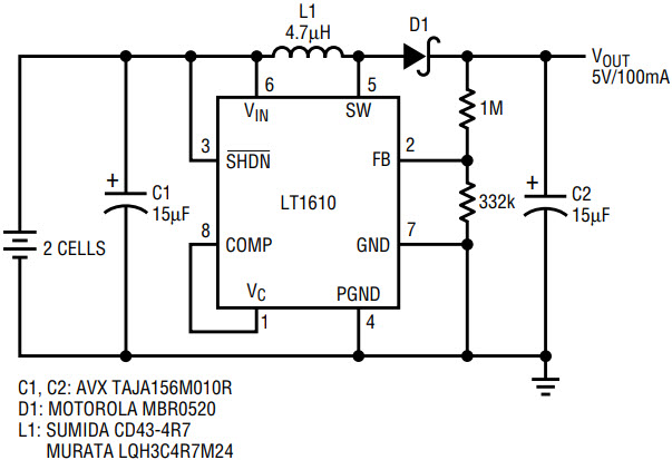 LT1610 Micropower Step-Up DC/DC Converter Runs at 1.7MHz