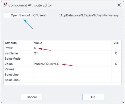 Figure 6. Setting symbol Prefix and Value to point to .SUBCKT model.