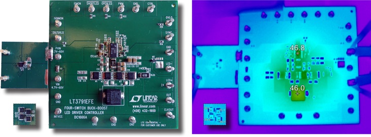 Figure 5. Components remain cool in the high efficiency LED driver shown in Figure 1. Note that the The LT4320 ideal driver remains cool at full LED current. The LT3791 high power buck-boost converter and supporting components rise less than 24°C while de