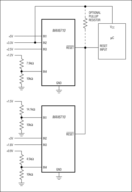 Figure 1. Two multivoltage supervisors with open-drain outputs monitor eight voltages and provide a single reset output.