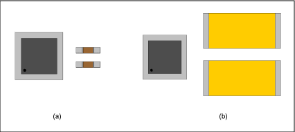 Figure 4. a) Two 1uF charge-pump capacitors represent a major space savings compared to, b)  two 220uF output coupling capacitors.