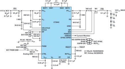 DC2404A utilizes the LT3942 to create a compact 14 W LED driver application