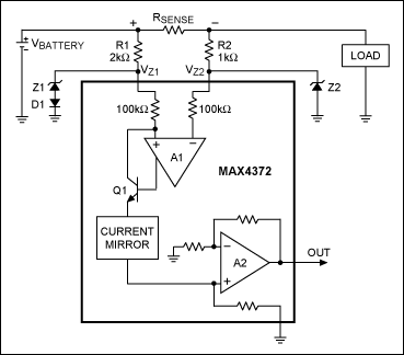 Figure 1. This current-sense amplifier has protection circuitry (upper circuit components) suitable for common-mode voltages above 30V.