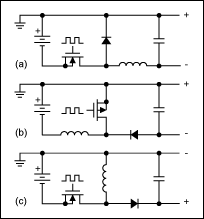 Figure 1. You can invert the input source to create three topologies. The negative buck regulator (a) has an output voltage less than the input. The negative boost regulator (b) has a more negative output than input. The negative-inverter regulator (c) converts a negative voltage to a positive voltage.