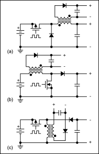Figure 2. You can create auxiliary outputs by using a flyback transformer instead of an inductor in the basic (a) buck, (b) boost, and (c) inverter configurations.