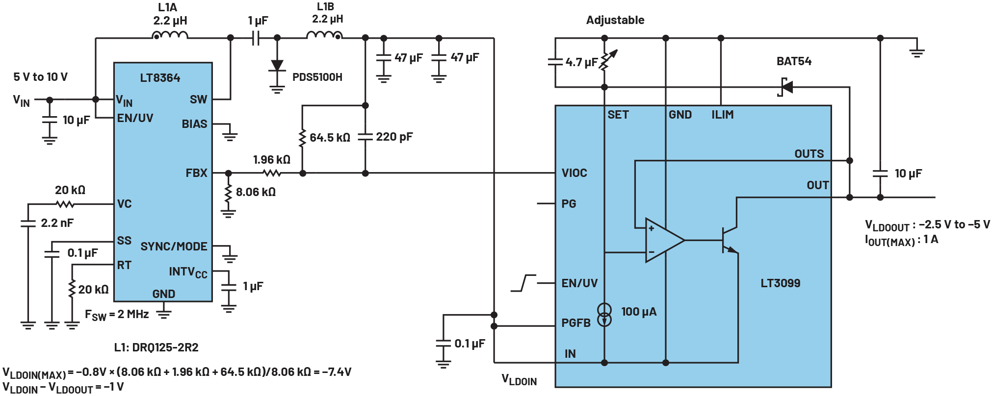 Figure 4. A switching regulator in a Ćuk configuration designed to produce a negative voltage (with the LT8364). 