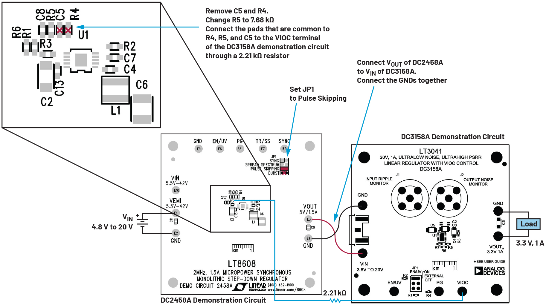 Figure 7. Two demonstration circuits with minimal modifications to quickly try VIOC operation (with the DC3158A and DC2458A).