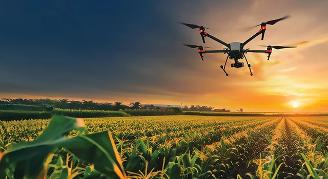 Agricultural drone flying over cornfield at sunset.