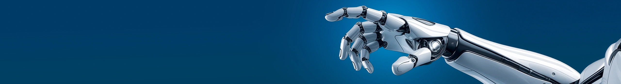 Sleek white robotic arm and hand reaching forward.