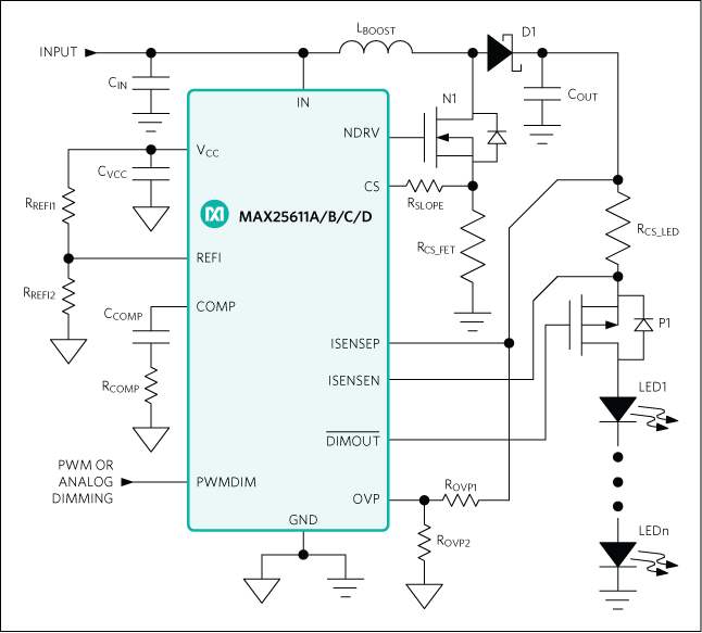 MAX25611A, MAX25611B, MAX25611C, MAX25611D: Simplified Application Circuit