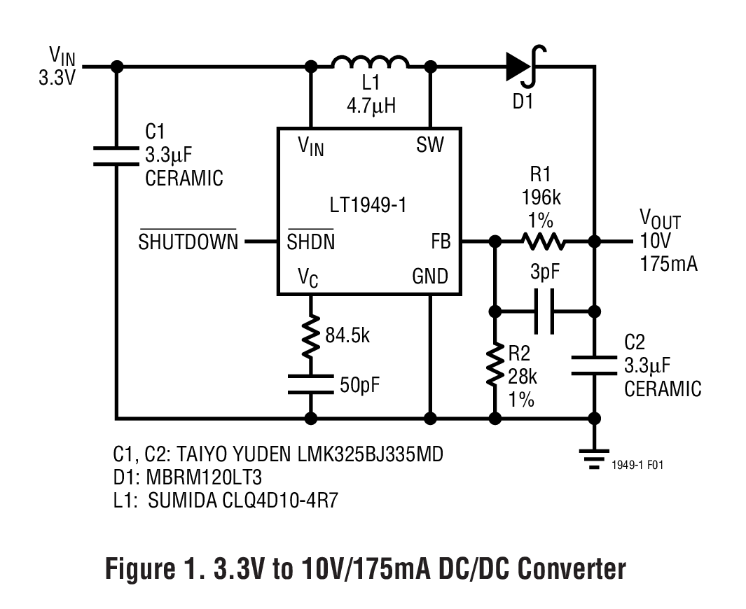 Figure 1. 3.3V to 10V/175mA DC/DC Converter