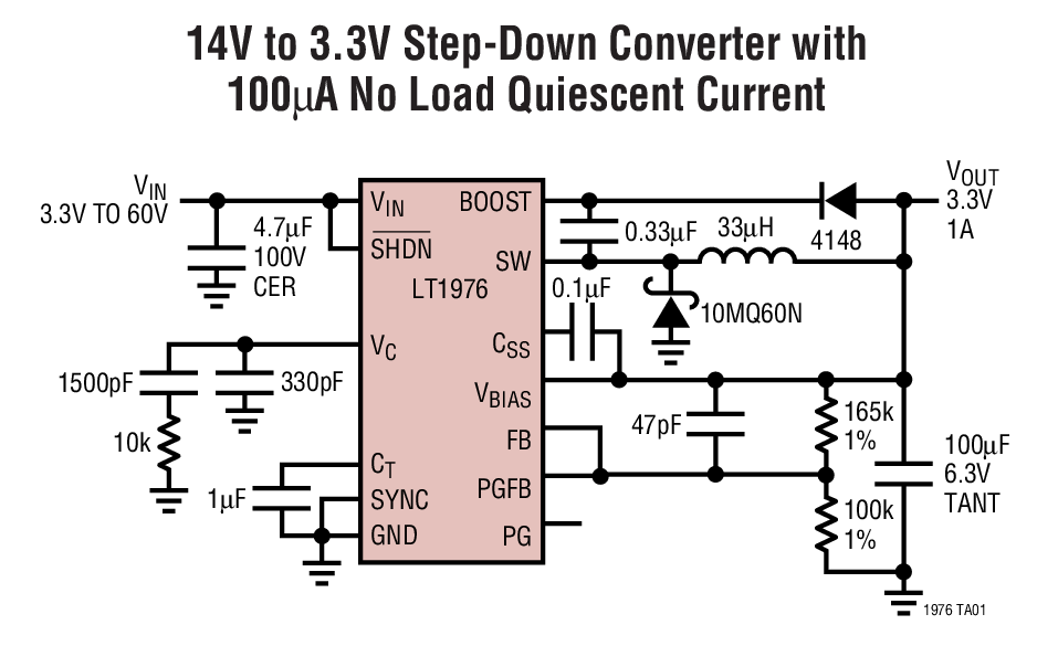 14V to 3.3V Step-Down Converter with 100μA No Load Quiescent Current