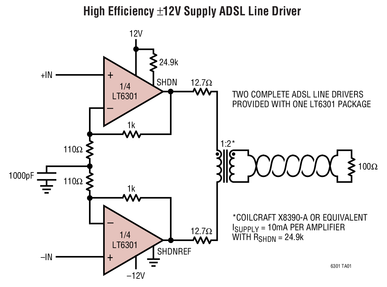 High Efficiency ±12V Supply ADSL Line Driver