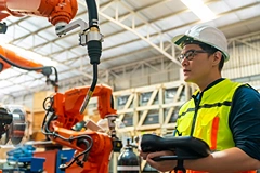 Engineer in hard hat watching robotic arm in factory.