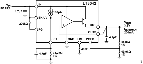 Figure 17. LT3042 Configuration for 3.3 V Output Figure 17. LT3042 Configuration for 3.3 V Output