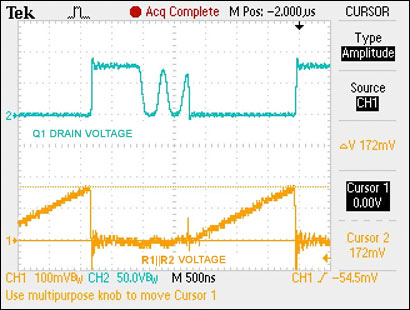 Figure 6. Drain voltage and current-sense resistor voltage (50mΩ)