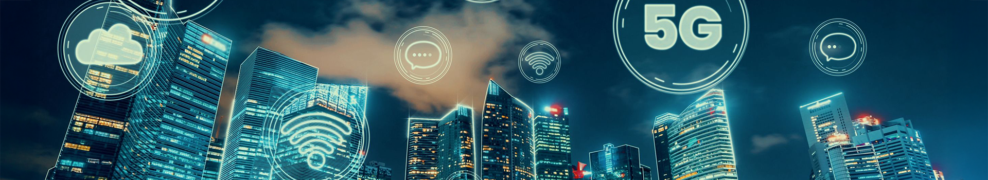 Futuristic city skyline with 5G, cloud, and Wi-Fi network icons representing smart city connectivity