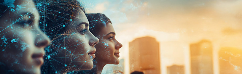 Diverse women overlaid with digital neural network patterns symbolizing AI and machine learning technology