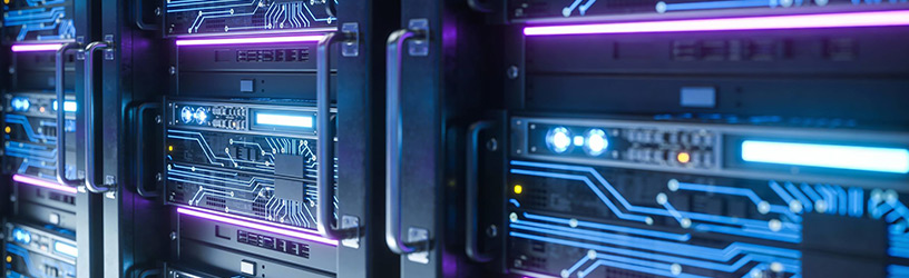 Close‑up view of high‑performance server hardware with blue and purple LED indicators