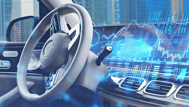 Futuristic car dashboard with digital stock market data and financial graphs overlay