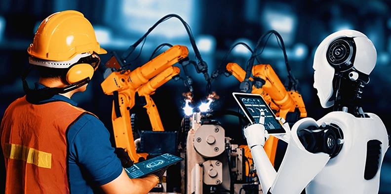 Worker and robot operate industrial welding arms with tablets.