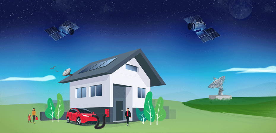 Animated representation of a ground station satellite dish on the Earth's surface sending laser-links into outer space connecting with satellites.