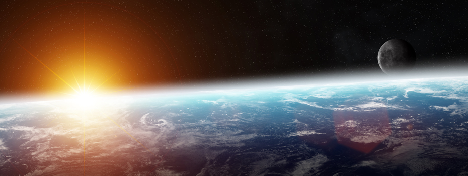 Image displays outerspace with stars fields as well as one large planet and it's moon.