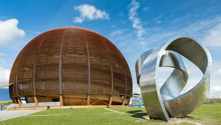 Front view of Cern's headquarters showing The Cern's Globe landmark building located in Geneva, Switzerland.