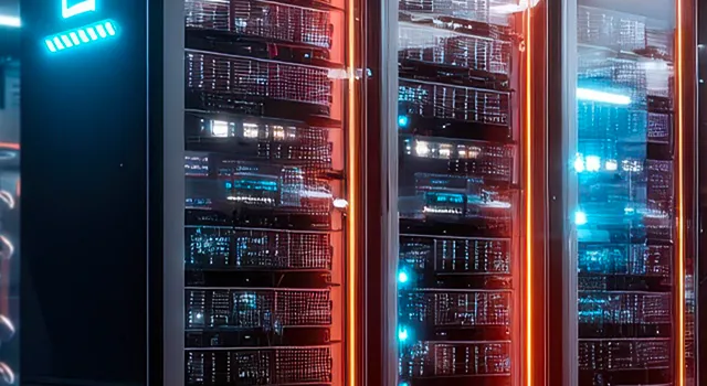 Data center with glowing blue and orange server racks.