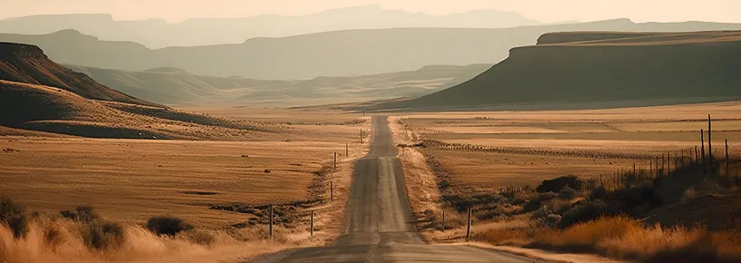 Straight road through golden plains with distant hazy mountains.