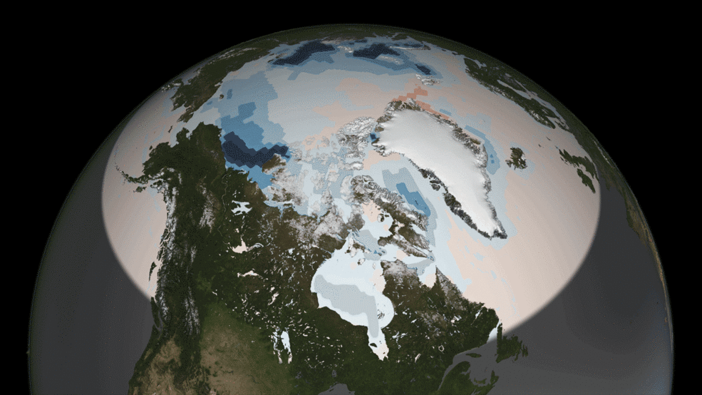 An animated GIF displaying the change in Arctic sea ice and solar absorption between 2000 and 2014.