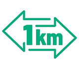 icon with 2 arrows pointing in opposing directions and 1km written in the center