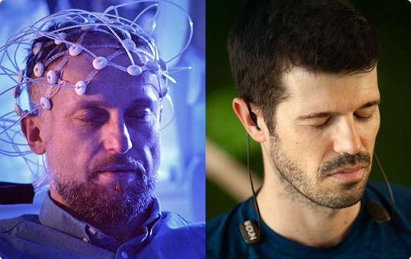 Split image: Left, man with EEG sensors on his head; right, man wearing neckband headphones.