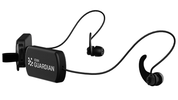 IDUN GUARDIAN neckband headphones with black earbuds and control unit.