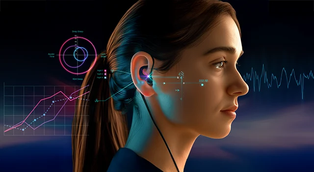 Woman wearing sleep-tracking earbuds; sleep data charts show deep, light, and REM sleep stages.
