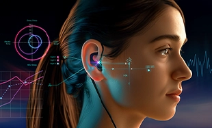 Woman wearing sleep-tracking earbuds; sleep data charts show deep, light, and REM sleep stages.