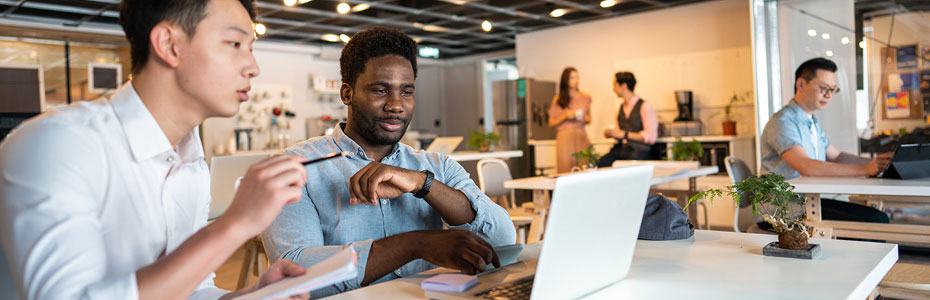 Two men discuss project in office