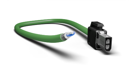 Green industrial connector cable with secure locking plug for data or power transmission