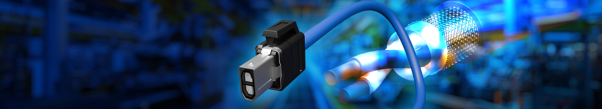 Blue industrial connector cable with secure plug for high-speed data transmission in factory automation