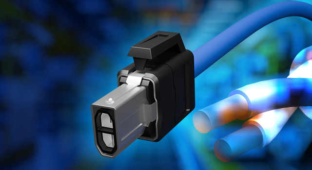 Blue industrial connector cable with secure plug for high-speed data transmission in factory automation