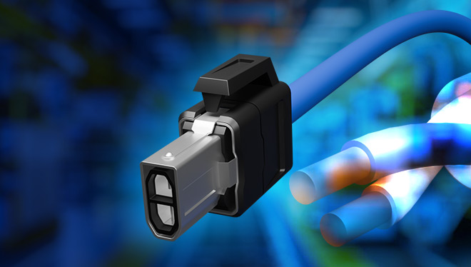 Blue industrial connector cable with secure plug for high-speed data transmission in factory automation