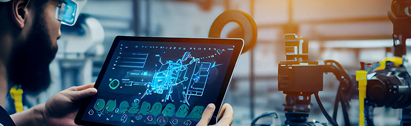 Industrial engineer using tablet with augmented reality interface for smart factory automation