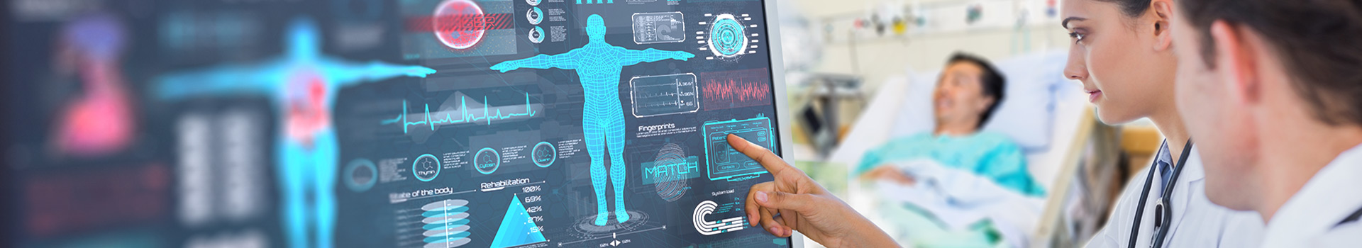 A doctor pointing to a medical chart on a digital screen