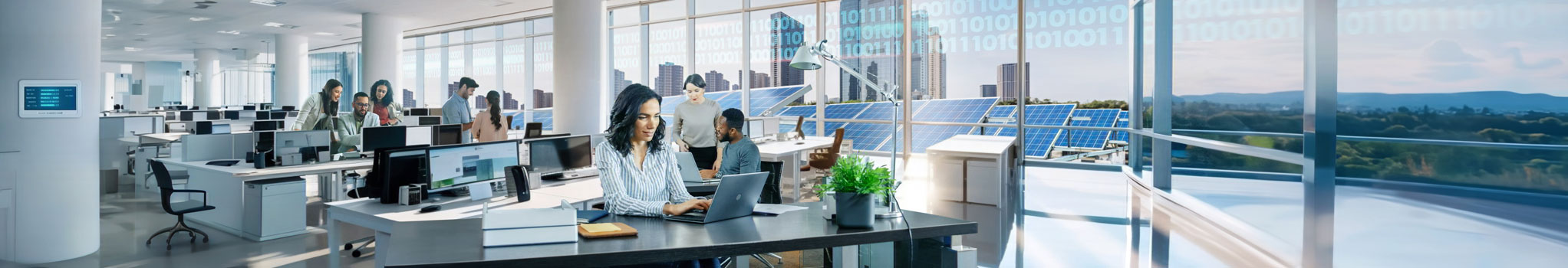 Diverse employees working in a modern office with solar panels outside and a cityscape in the background.