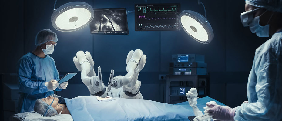Surgeons and robot performing surgery in dimly lit operating room, monitors displaying medical data.