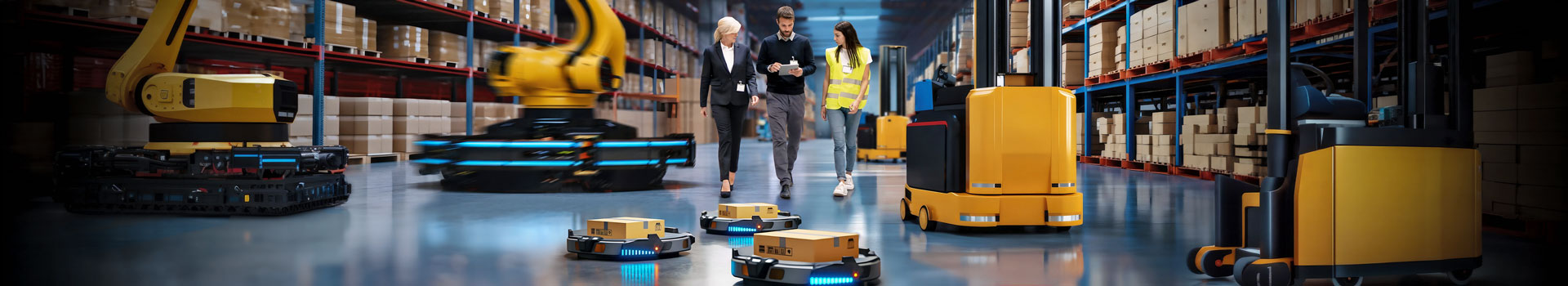 A high-tech warehouse with robots, a robotic arm, and three people, one in a safety vest, holding a tablet.