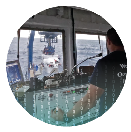 Graphic image of man working in boat control room while looking out at the ocean through window. Around this person are controller equipment , monitors and data devices.