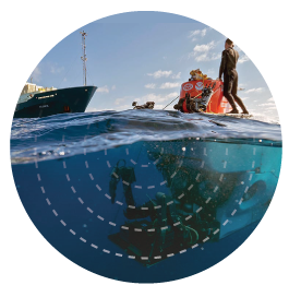 Graphic image of ocean, boat and scientists woking in the water. Sensing, Measuring and Networking the Ocean.