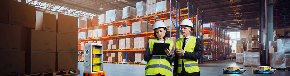 A modern factory with multiple robots moving around, while factory workers have a discussion looking at documents