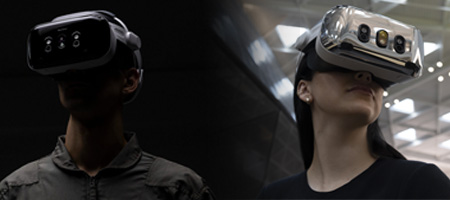 man and woman in 2 different locations collaborating in a virtual environment by wearing the varjo headset